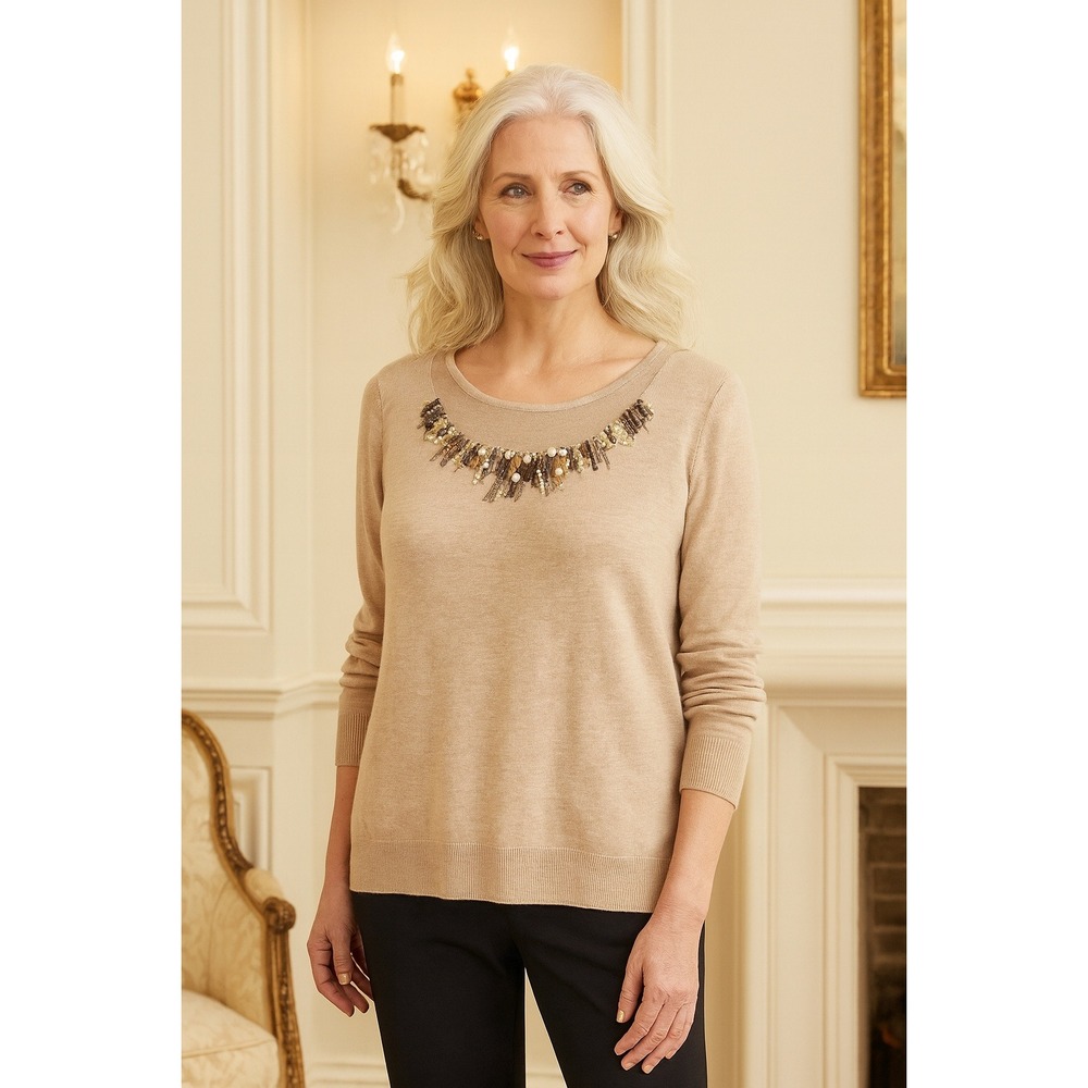 Chicos Womens Size 4‎ / XXL Tan Beige Embellished Beaded Neckline Sweater Blouse